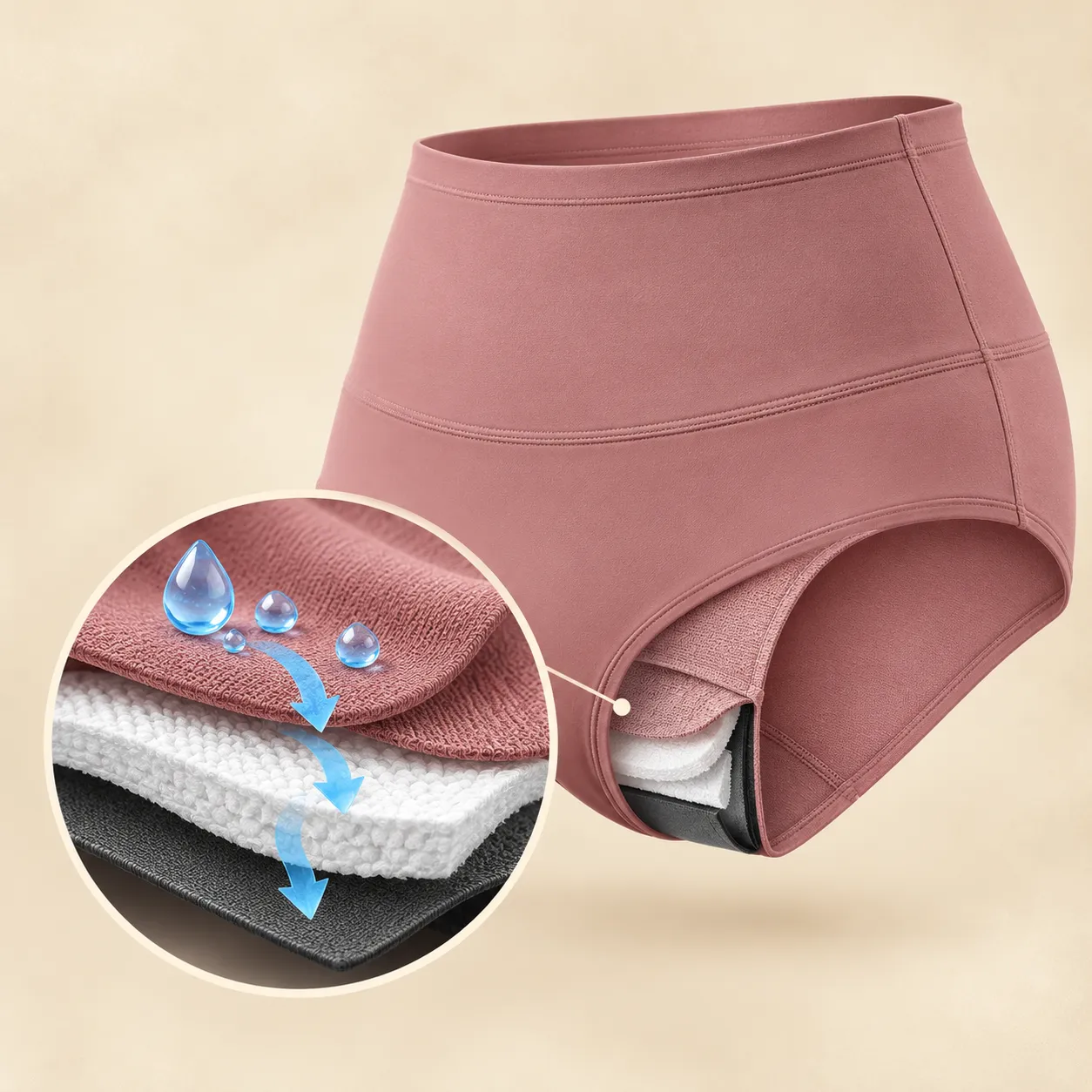 Cross-section of the gusset: soft top layer, absorbent core and waterproof barrier, numbered 1 to 3, with a water droplet